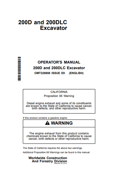 JOHN DEERE 200DLC, 200D (D SERIES) Construction Excavators OPERATOR MANUAL - OMT226908