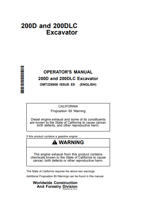 JOHN DEERE 200DLC, 200D (D SERIES) Construction Excavators OPERATOR MANUAL - OMT226908