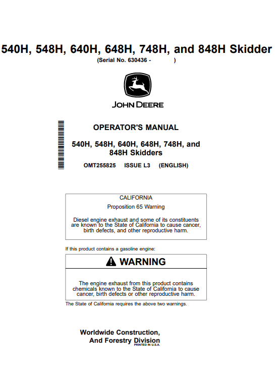 OPERATOR MANUAL - JOHN DEERE 540H, 548H, 640H, 648H, 748H, 848H (H SERIES) Construction Skidders- OMT255825_24