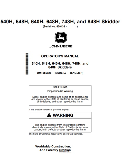 OPERATOR MANUAL - JOHN DEERE 540H, 548H, 640H, 648H, 748H, 848H (H SERIES) Construction Skidders- OMT255825_24