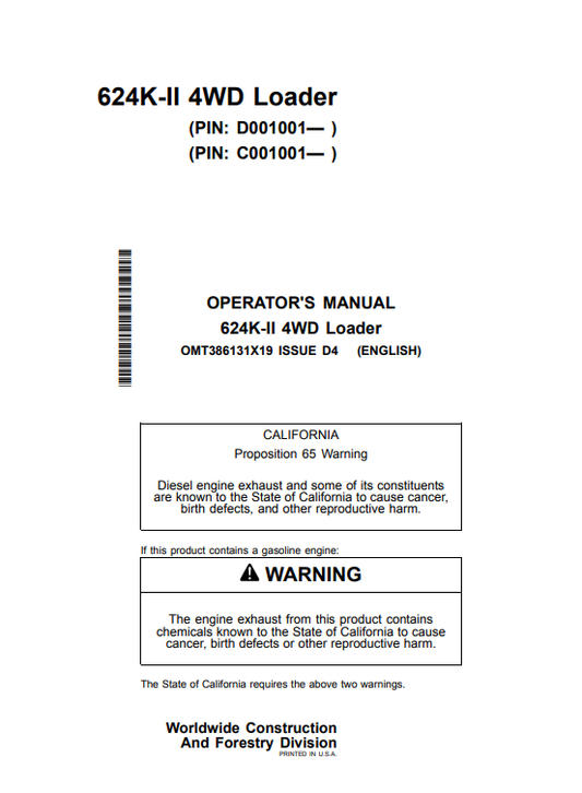 OPERATOR MANUAL - JOHN DEERE 624K SERIES II (K SERIES) Construction Loaders - OMT386131X19_64