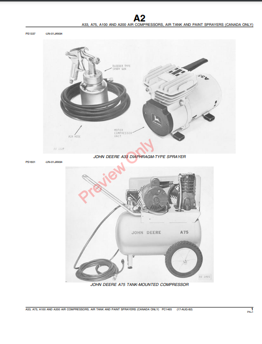 JOHN DEERE A100, A200, A33, A75, TY4340, TY4341, TY4342, TY4343 & TY4345 PAINT SPRAYERS CANADIAN EDITION PC1465 - PARTS CATALOG MANUAL