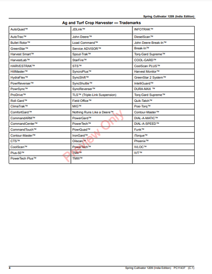 JOHN DEERE SPRING CULTIVATOR 1209 (INDIA EDITION) PC11437 - PARTS CATALOG MANUAL