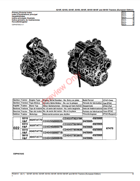 JOHN DEERE 5215F, 5215V, 5315F, 5315V, 5515F, 5515V, 5615F AND 5615V TRACTORS (EUROPEAN EDITION) PC4414 - PARTS CATALOG MANUAL