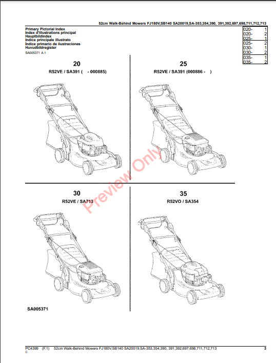 JOHN DEERE 52CM WALK-BEHIND MOWERS 2/4-CYCLE ENGINE FJ180V, SB140, SA20019, SA353, SA354, SA390, SA391, SA392, SA697 PC4399 - PARTS CATALOG MANUAL