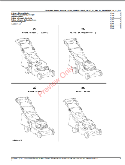 JOHN DEERE 52CM WALK-BEHIND MOWERS 2/4-CYCLE ENGINE FJ180V, SB140, SA20019, SA353, SA354, SA390, SA391, SA392, SA697 PC4399 - PARTS CATALOG MANUAL