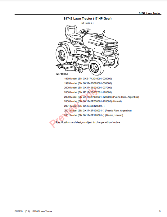 JOHN DEERE S1742 LAWN TRACTOR PC2739 - PARTS CATALOG MANUAL