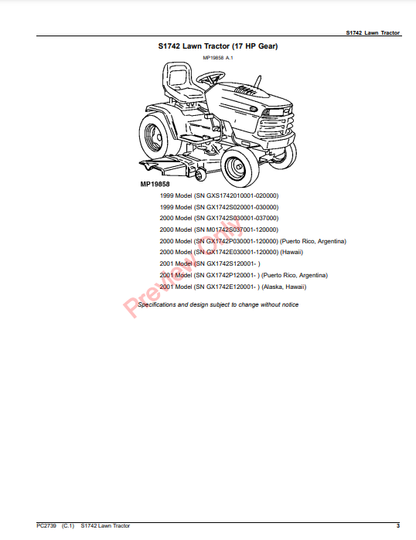 JOHN DEERE S1742 LAWN TRACTOR PC2739 - PARTS CATALOG MANUAL