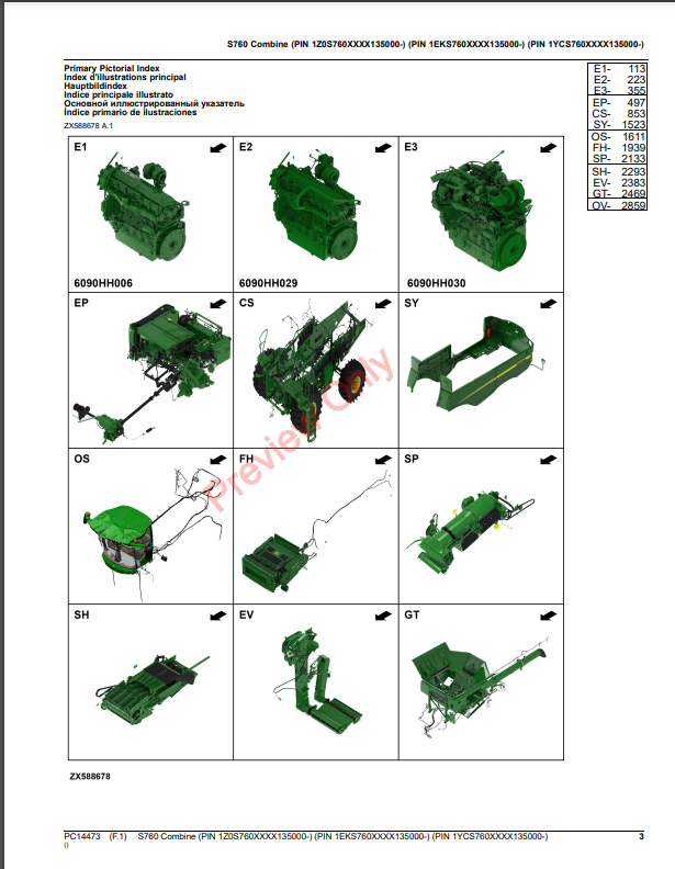 JOHN DEERE S760 COMBINE PC14473 - PARTS CATALOG MANUAL