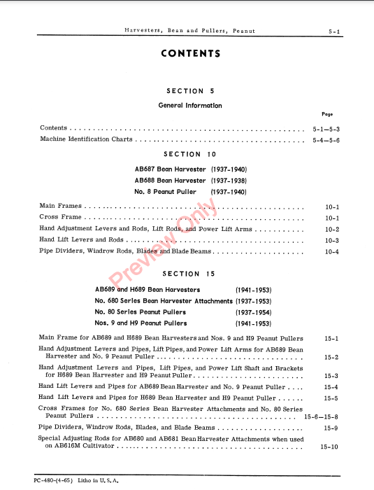 JOHN DEERE PART CAT, BEAN HARVESTER / BEET PULLER PC480 - PARTS CATALOG MANUAL