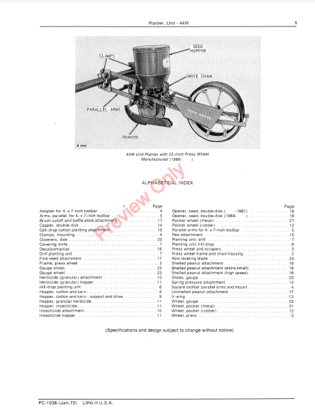 JOHN DEERE 44W UNIT PLANTER PC1038 - PARTS CATALOG MANUAL