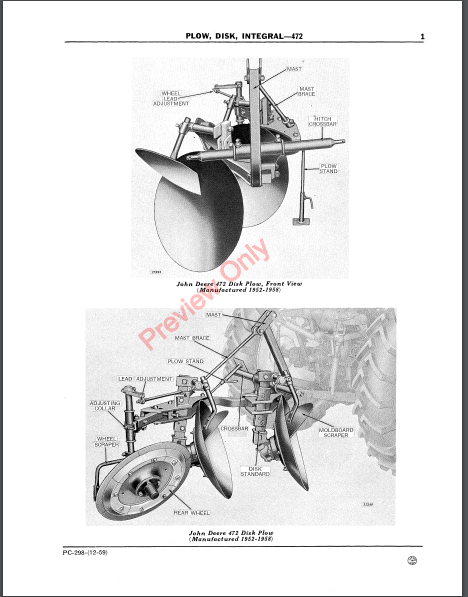 JOHN DEERE 472 INTEGRAL DISK PLOW PC298 - PARTS CATALOG MANUAL