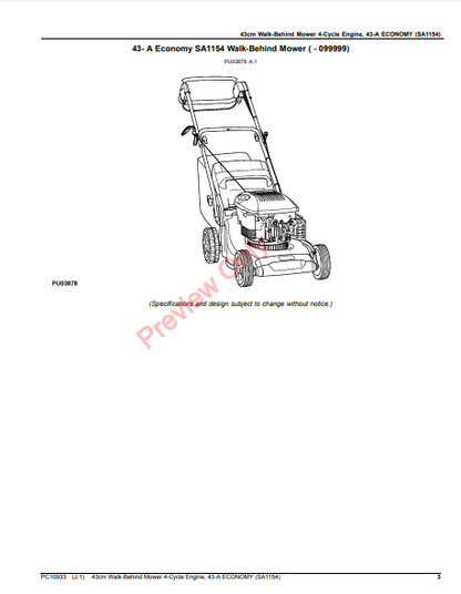 JOHN DEERE 43CM WALK-BEHIND MOWER 4-CYCLE ENGINE,43-A ECONOMY(SA1154) PC10933 - PARTS CATALOG MANUAL