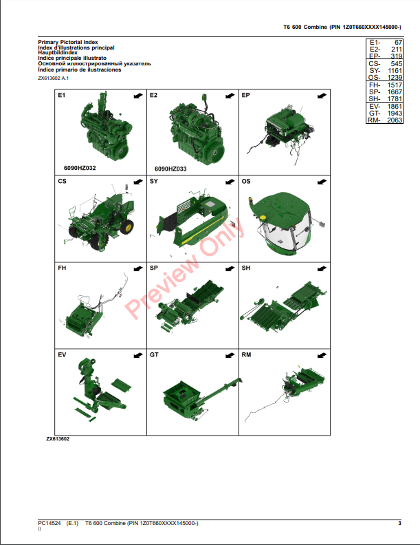 JOHN DEERE T6 600 COMBINE PC14524 - PARTS CATALOG MANUAL