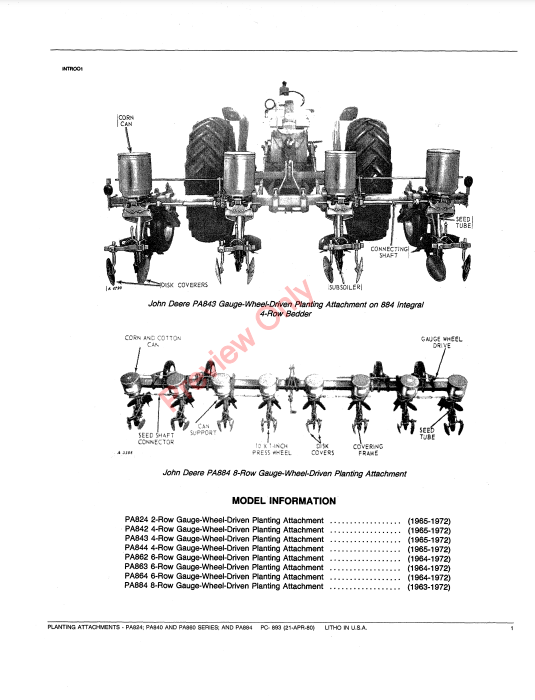 JOHN DEERE PA824, PA840, PA860 SERIES, PA884 PLANTING ATTACHMENTS PC893 - PARTS CATALOG MANUAL