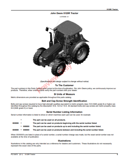 JOHN DEERE 5125R TRACTOR PC13670 - PARTS CATALOG MANUAL