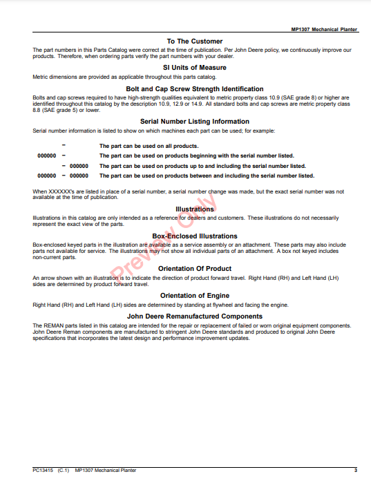 JOHN DEERE MP1307 MECHANICAL PLANTER PC13415 - PARTS CATALOG MANUAL