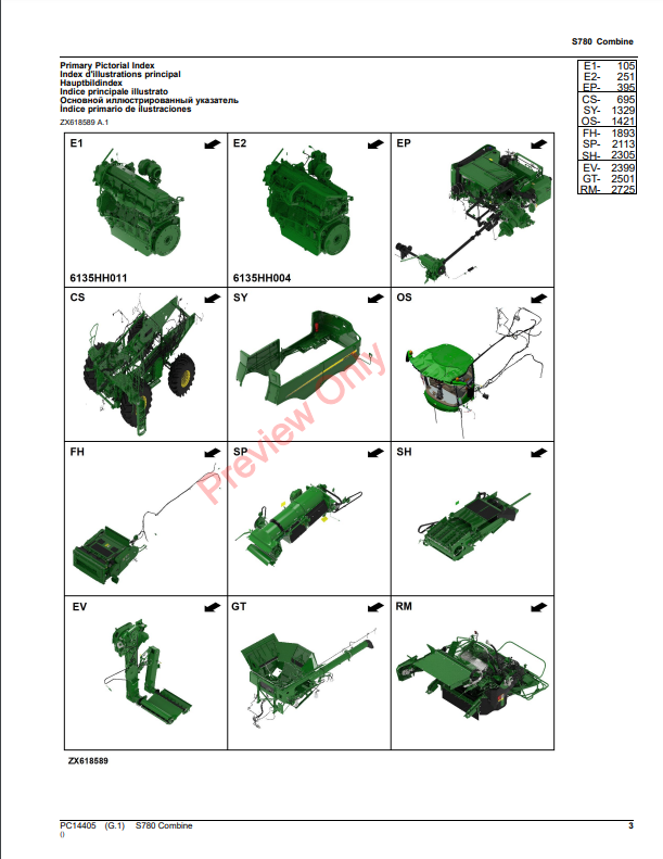 JOHN DEERE S780 COMBINE PC14405 - PARTS CATALOG MANUAL