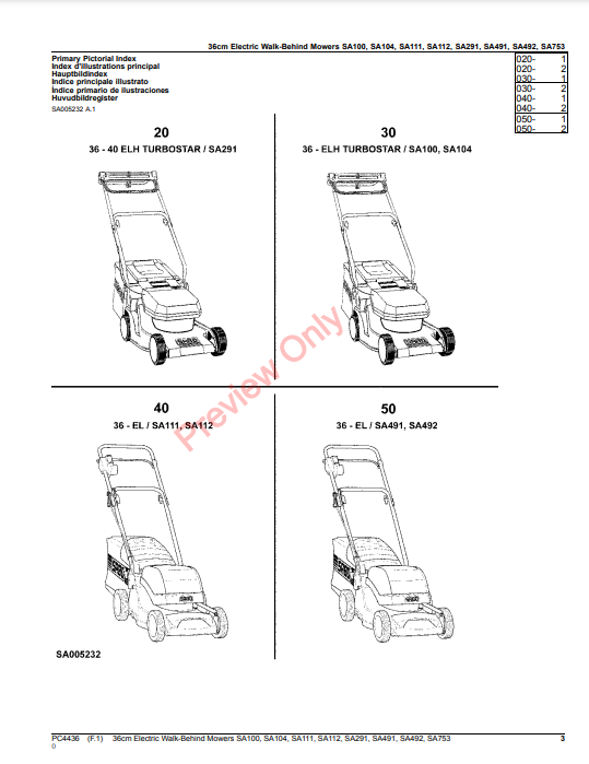 JOHN DEERE 36CM ELECTRIC WALK-BEHIND MOWERS SA100, SA104, SA111, SA112, SA291, SA491, SA492, SA753 PC4436 - PARTS CATALOG MANUAL