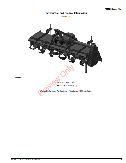 JOHN DEERE RT5526 ROTARY TILLER PC16038 - PARTS CATALOG MANUAL