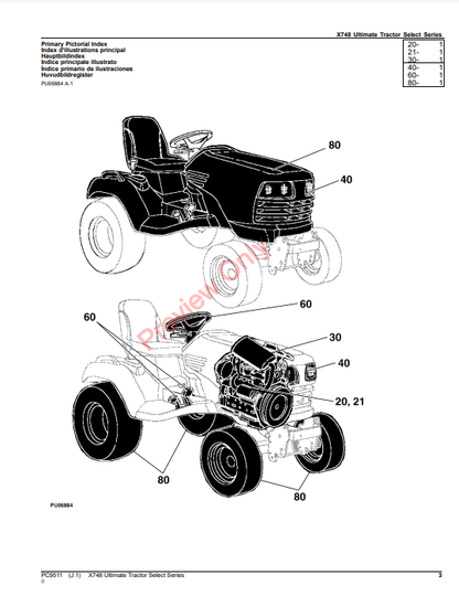 JOHN DEERE X748 ULTIMATE TRACTOR SELECT SERIES PC9511 - PARTS CATALOG MANUAL