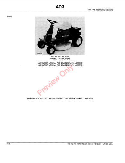 JOHN DEERE R70, R72 & R92 RIDING MOWERS PC1958 - PARTS CATALOG MANUAL