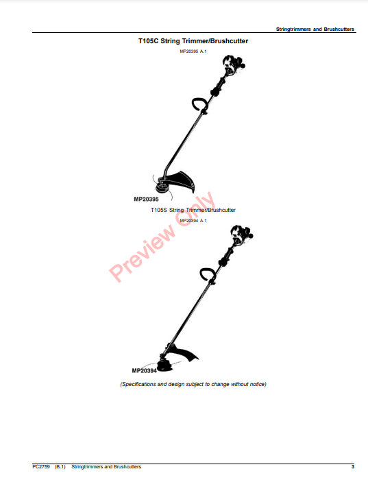 JOHN DEERE STRING TRIMMERS AND BRUSHCUTTERS PC2759 - PARTS CATALOG MANUAL