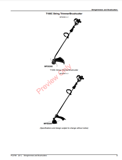 JOHN DEERE STRING TRIMMERS AND BRUSHCUTTERS PC2759 - PARTS CATALOG MANUAL