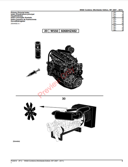 JOHN DEERE W550 COMBINE (WORLDWIDE EDITION MY 2007-2011) PC4615 - PARTS CATALOG MANUAL