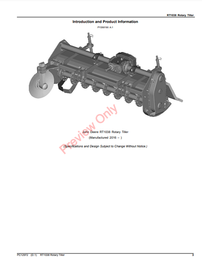 JOHN DEERE RT1038 ROTARY TILLER PC12972 - PARTS CATALOG MANUAL