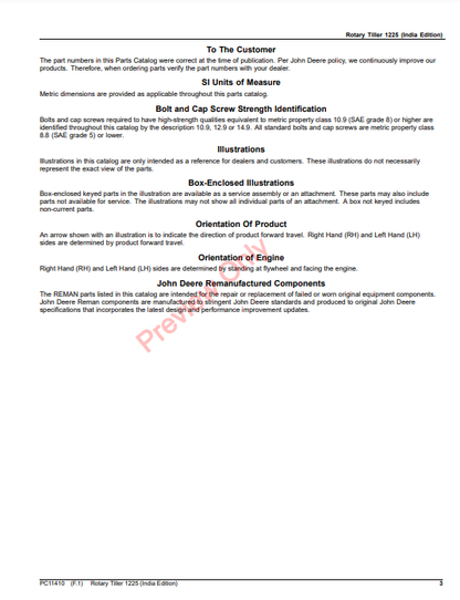 JOHN DEERE ROTARY TILLER 1225 (INDIA EDITION) PC11410 - PARTS CATALOG MANUAL