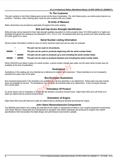 JOHN DEERE 53CM PROFESSIONAL BATTERY WALK-BEHIND MOWER, 53-PRO VARIO AC (SAB80217) PC14209 - PARTS CATALOG MANUAL