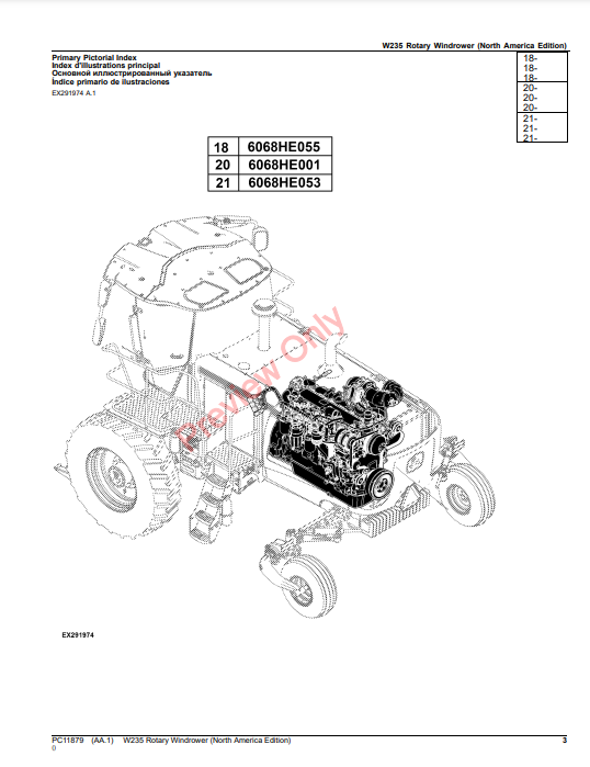 JOHN DEERE W235 ROTARY WINDROWER (NORTH AMERICA EDITION) PC11879 - PARTS CATALOG MANUAL