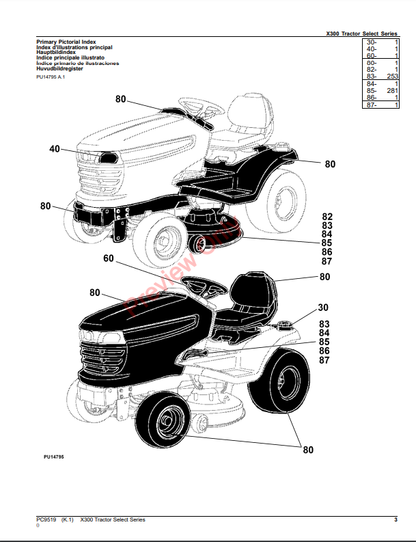 JOHN DEERE X300 TRACTOR SELECT SERIES PC9519 - PARTS CATALOG MANUAL