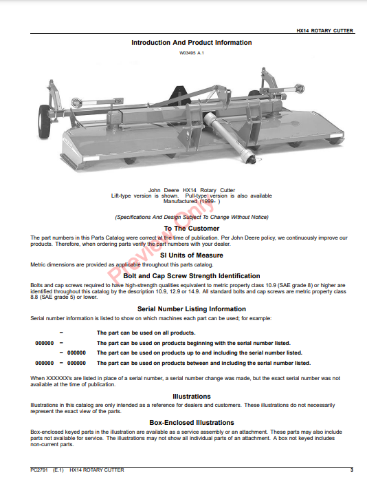 JOHN DEERE HX14 ROTARY CUTTER PC2791 - PARTS CATALOG MANUAL