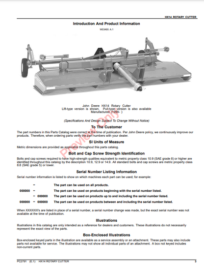 JOHN DEERE HX14 ROTARY CUTTER PC2791 - PARTS CATALOG MANUAL