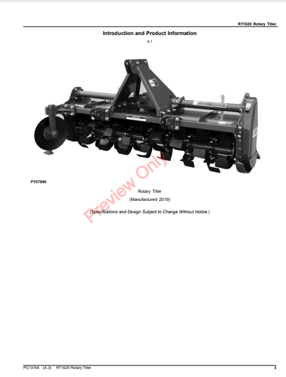 JOHN DEERE RT1020 ROTARY TILLER PC13754 - PARTS CATALOG MANUAL