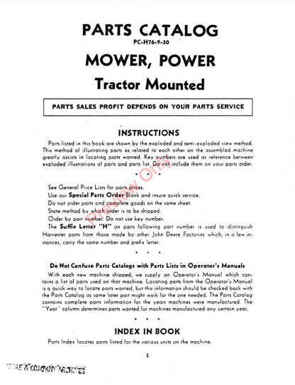 JOHN DEERE TRACTOR-MOUNTED POWER MOWER FOR GENERAL PURPOSE TRACTORS PCH76 - PARTS CATALOG MANUAL