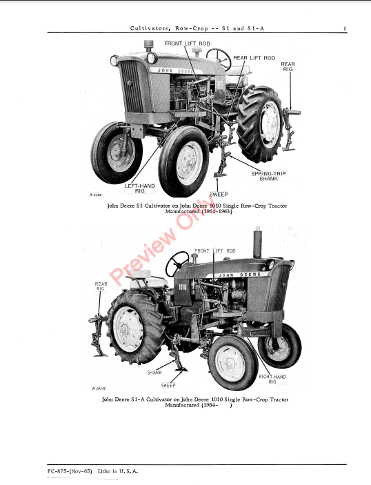 JOHN DEERE S1, S1A ROW CROP CULTIVATOR PC875 - PARTS CATALOG MANUAL