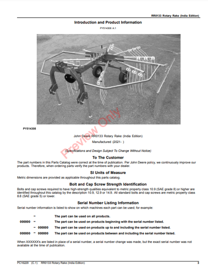 JOHN DEERE RR0133 ROTARY RAKE (INDIA EDITION) PC16229 - PARTS CATALOG MANUAL