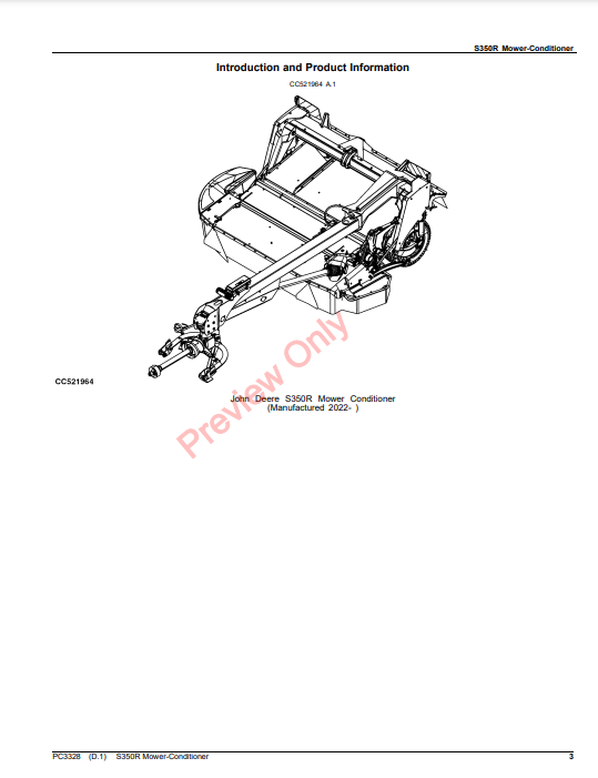 JOHN DEERE S350R MOWER-CONDITIONER PC3328 - PARTS CATALOG MANUAL