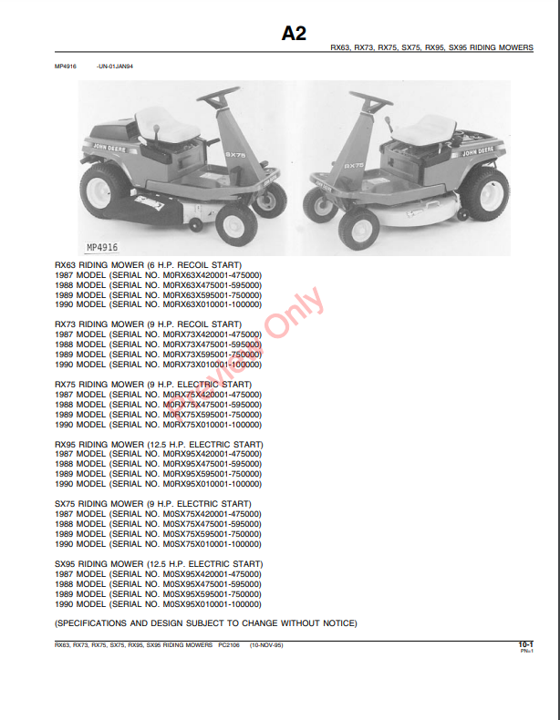 JOHN DEERE RX63, RX73, RX75, RX95, SX75, SX95 RIDING MOWERS PC2106 - PARTS CATALOG MANUAL