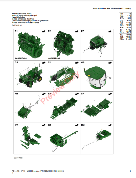 JOHN DEERE W540 COMBINE PC14478 - PARTS CATALOG MANUAL