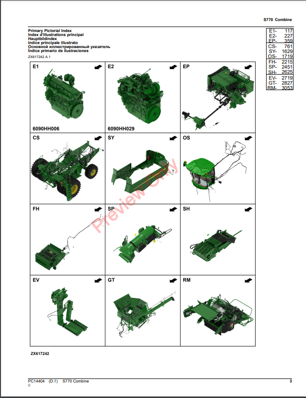 JOHN DEERE S770 COMBINE PC14404 - PARTS CATALOG MANUAL