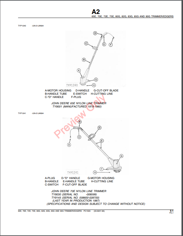 JOHN DEERE 65E, 70E, 72E, 75E, 80G, 82G, 83G, 85G, 90G TRIMMERS PC1565 - PARTS CATALOG MANUAL