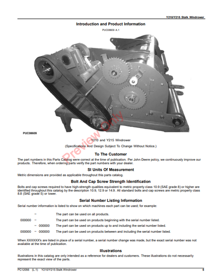 JOHN DEERE Y210 / Y215 STALK WINDROWER (CHINESE EDITION) PC12056 - PARTS CATALOG MANUAL