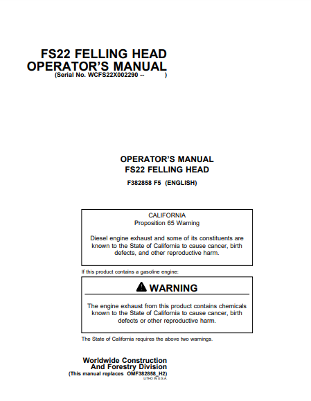 F382858 - JOHN DEERE FS22 (FS SERIES) Forestry Tracked Feller Buncher OPERATOR MANUAL