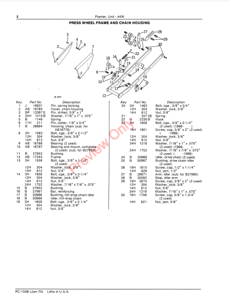 JOHN DEERE 44W UNIT PLANTER PC1038 - PARTS CATALOG MANUAL