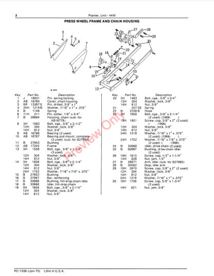 JOHN DEERE 44W UNIT PLANTER PC1038 - PARTS CATALOG MANUAL