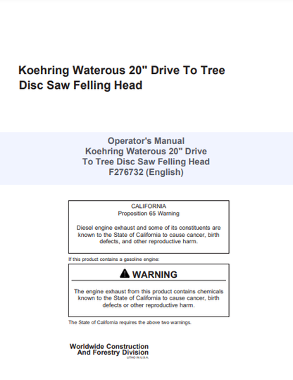 F276732 - JOHN DEERE 20 INCH (INCH SERIES) Forestry Dtt Disc Saw Felling Head OPERATOR MANUAL